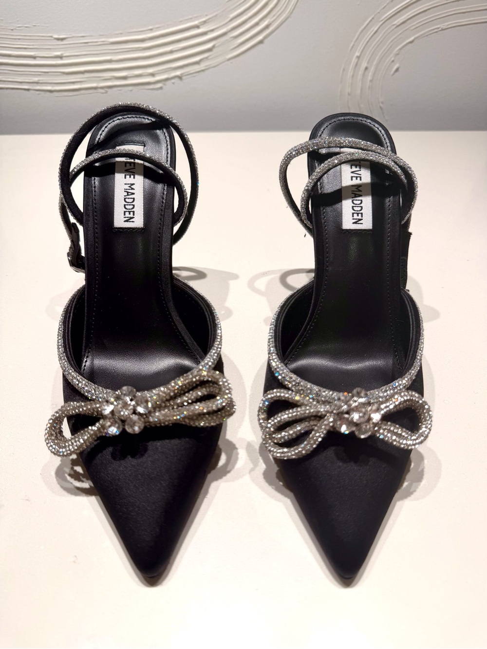 Steve Madden Black Satin Pointed Toe Heels with Crystal Bow 8.5